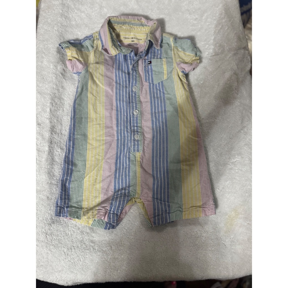 Tommy Hilfiger Baby Boy Pastel Seersucker Striped Romper 18M Blue Yellow Pink